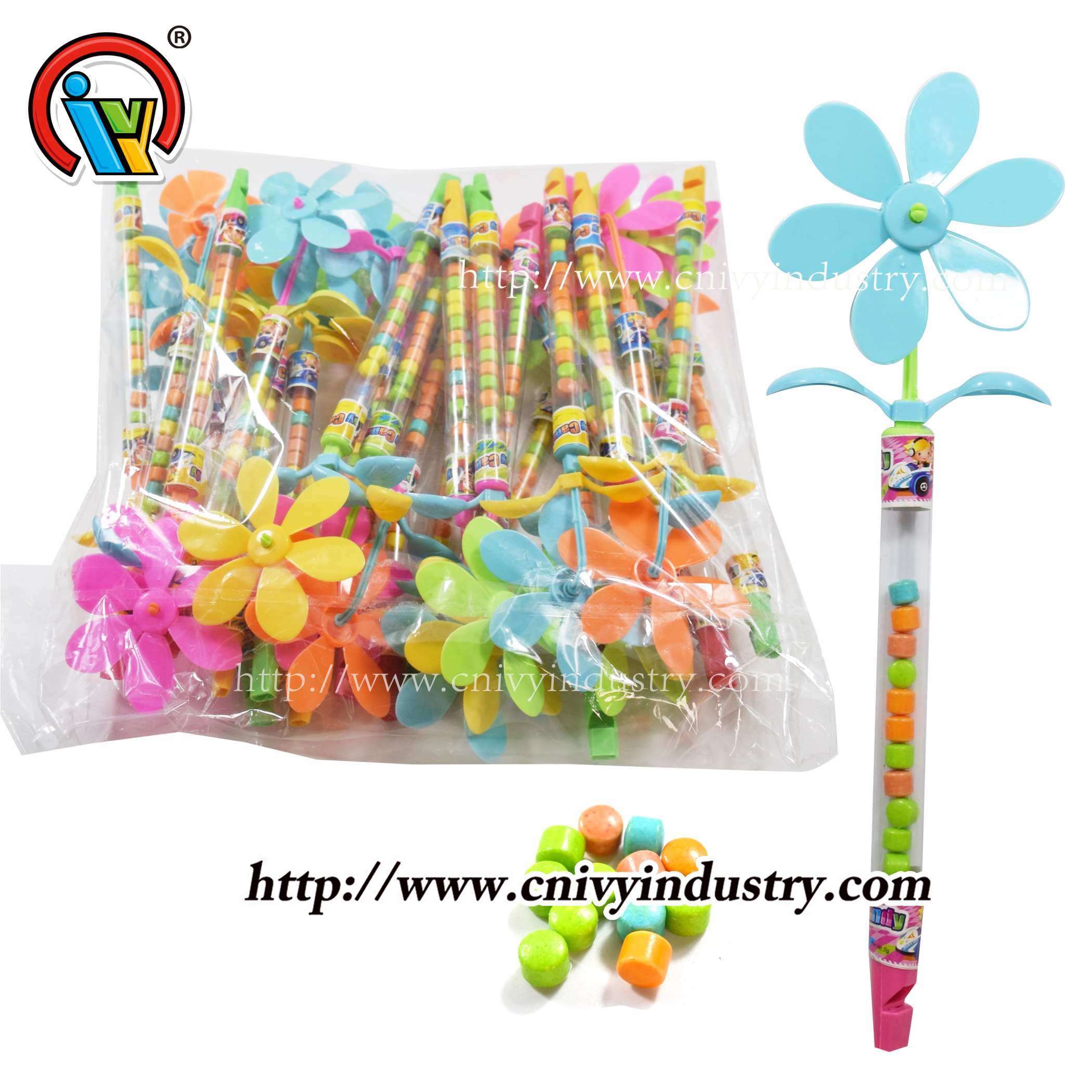 wholesale flower shape plastic toy candy with whistle 